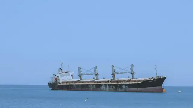 Navio cargueiro navega em mar aberto sob céu claro