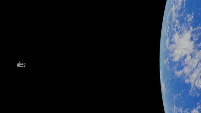 Vista da Terra com um satélite ao fundo, no espaço