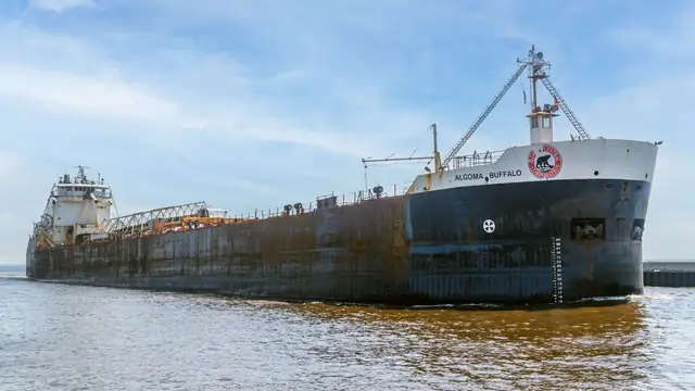 Grande navio de carga navegando em mar aberto sob céu limpo