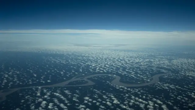 Vista aérea de um rio sinuoso cortando área de floresta densa