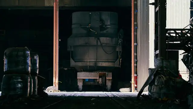 Interior de fábrica industrial com grandes máquinas e estruturas metálicas
