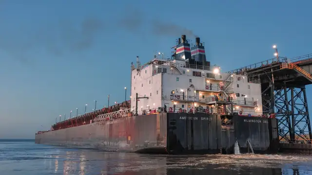 Navio graneleiro atracado em píer de carregamento de minério ao entardecer