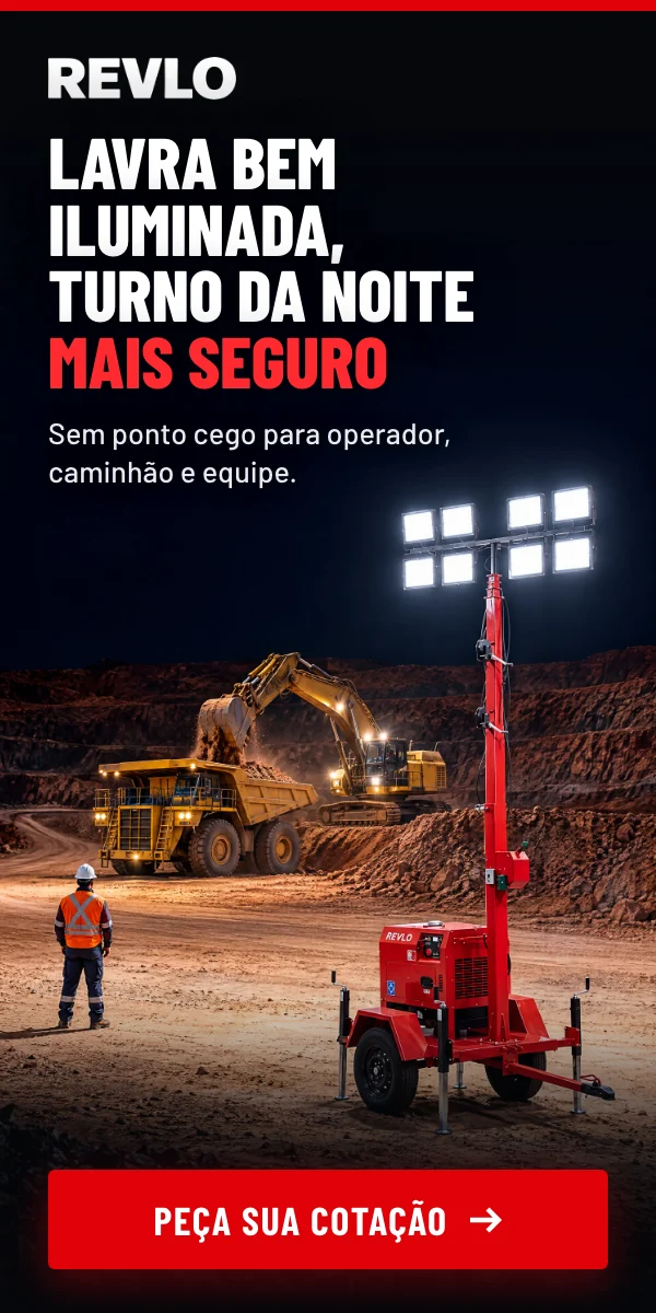 Revlo, torres de iluminação para mineração: lavra bem iluminada, turno da noite mais seguro. Sem ponto cego para operador, caminhão e equipe. Peça sua cotação.